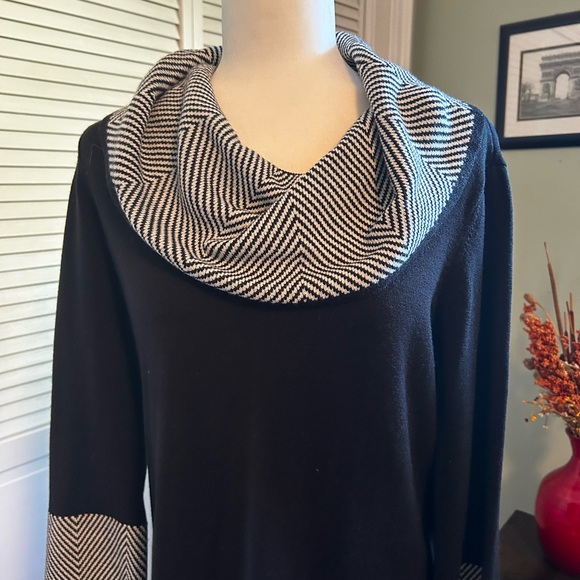 Beautiful cowl neck black sweater dress with black and white sleeves and collar. - Picture 2 of 6
